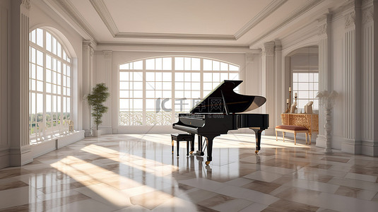 白色的键盘背景图片_明亮的钢琴厅，自然光从 3D 渲染的窗户射入