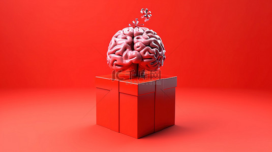 红色的大脑背景图片_3D 渲染中带有红色背景的聪明礼品盒概念