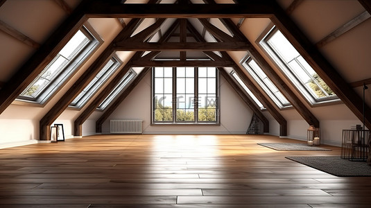 开放式概念阁楼阁楼内部配有外露横梁大窗户木质楼梯和地板 3D 渲染模型