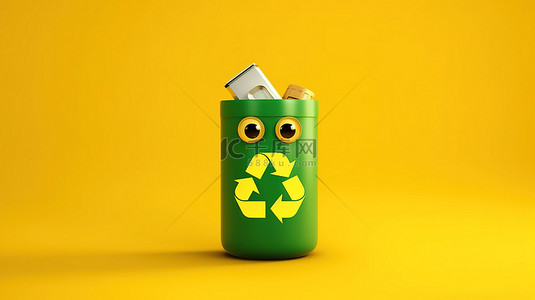 垃圾回收人物背景图片_黄色背景上的生态友好人物吉祥物，带有回收箱和可充电电池 3D 渲染
