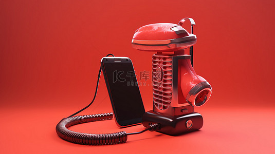 红色背景与复古麦克风耳机和智能手机的 3D 插图