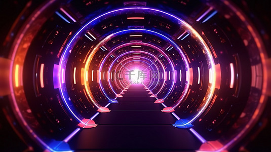 荧光蓝荧光背景图片_3D 渲染空间背景与未来隧道中发光的霓虹灯圆圈