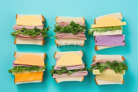 绿色新鲜背景图片_绿色背景上的三明治呈正方形