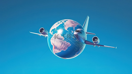 世界各地地标背景图片_环游世界的飞机 3d 插图飞行图标在世界各地
