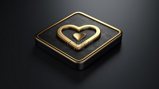 一键还原背景图片_金色 3D 渲染按钮中一颗心的轮廓线图标，带有用于 ui ux 界面的黑色方形键