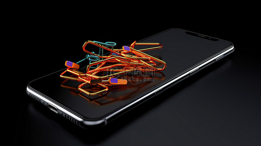 回形针背景图片_以 3D 插图呈现的光滑黑色表面上的智能手机和回形针