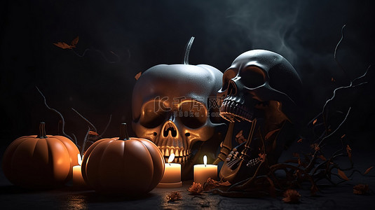 万圣节夜海报背景图片_夜间万圣节场景与怪异的南瓜头骨和鬼魂在 3D 渲染背景