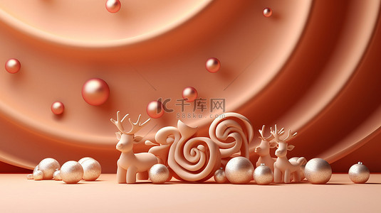 庆典请柬背景图片_带有圣诞玩具的抽象驯鹿横幅带有复制空间的 3D 插图
