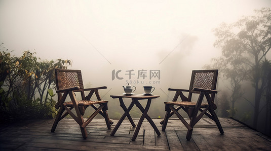 质朴的花背景图片_质朴的庭院配有木桌和椅子，位于雾蒙蒙的自然环境中 3d 渲染