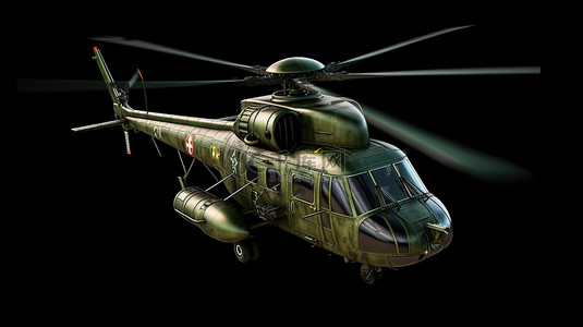 商务科技插图背景图片_黑色孤立背景上绿色小型军用运输直升机的 3D 插图