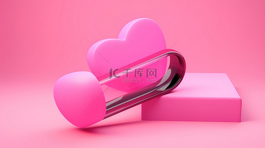 在粉红色网络浏览器工具上隔离的 3D 渲染中的心形图标搜索栏