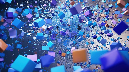 红色的粒子背景图片_蓝色块和充满活力的粒子在蓝色背景抽象 3D 渲染中翱翔