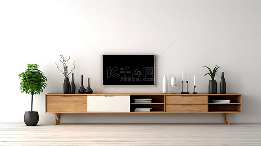 白色墙壁上木制电视柜的三维渲染