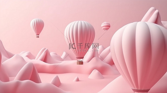 粉色飞机与以 3D 纸艺术风格呈现的白色气球一起翱翔