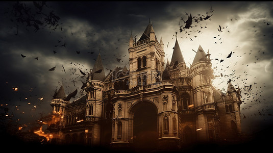 闹鬼的城堡满月和蝙蝠的怪异 3D 渲染完美的万圣节背景