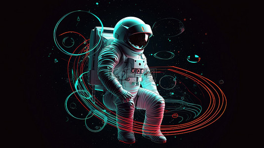 圆形设计中 3D 宇航员的平线艺术插图