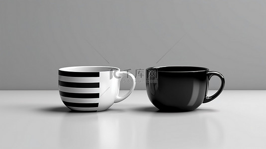 对比背景突出显示 3D 渲染中的黑色和白色杯子
