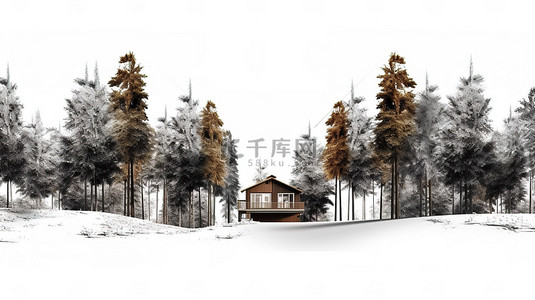 白色背景下 3D 渲染的松林小屋