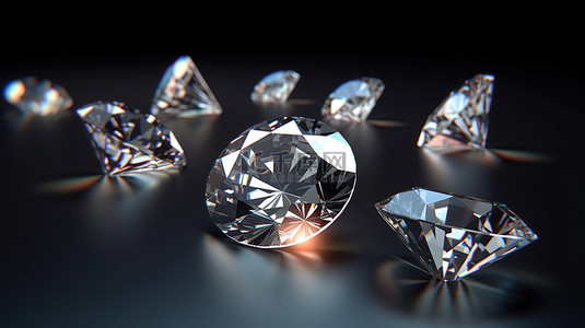 闪闪发光的钻石整体布置在光泽背景上，具有模糊效果 3D 插图