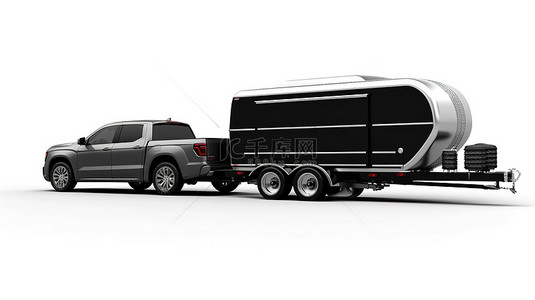 白色背景的 3D 渲染，配有用于运输赛艇的黑色拖车