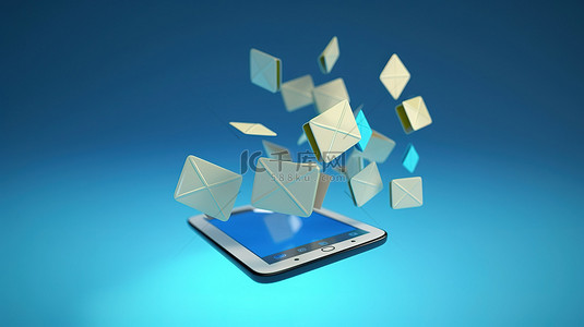 蓝色背景上的浮动电子邮件与 3d 智能手机