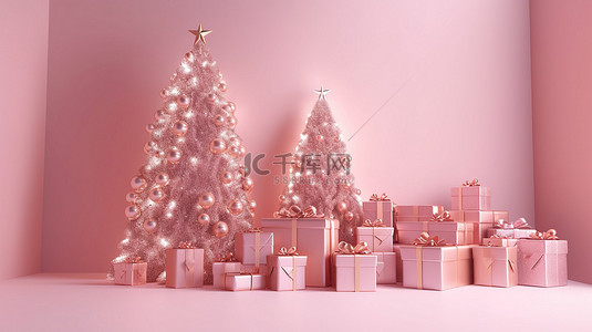 壁挂式圣诞树，由装饰着粉色花环和金饰的 3d 礼品盒制成