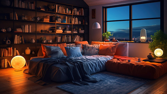 夜间客厅背景图片_用沙发营造出柔和的夜间氛围和令人惊叹的 3D 可视化效果，打造舒适的生活空间