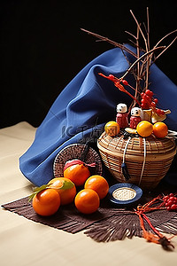 筷子背景图片_篮子筷子和一些削好的水果