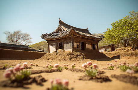 春天泥土背景图片_一座坐落在泥土中间的房子