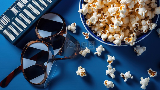 经典蓝色背景电影拍板爆米花和带有戏剧性阴影的 3D 眼镜上娱乐必需品的顶视图