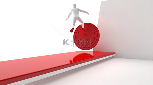 3D 渲染的人在白色背景上从跳板跳跃到红色目标板
