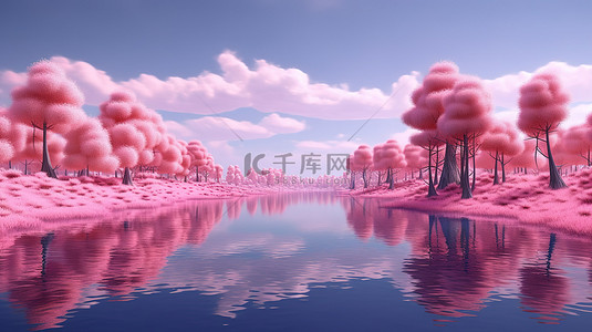 超现实的粉红色天空和湖泊，有 3D 渲染的树木和草地