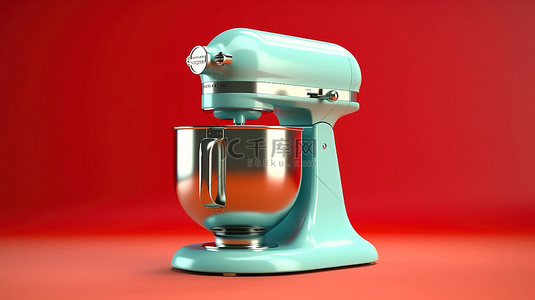 红色背景食品背景图片_复古蓝色厨房搅拌机在大胆的红色背景下以 3D 形式显示