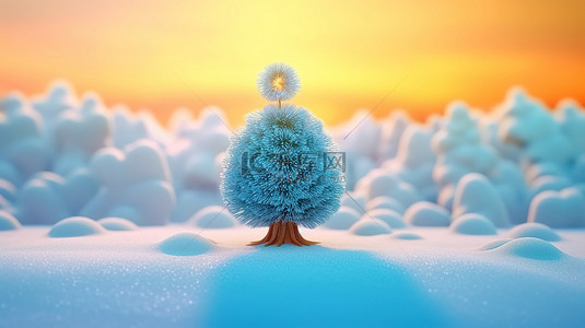 可爱的卡通圣诞树在白雪皑皑的晨光中闪闪发光令人惊叹的 3D 艺术品