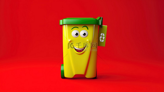 绿色回收标志吉祥物的 3D 渲染，带有红色金属盾，保护黄色背景上的垃圾桶