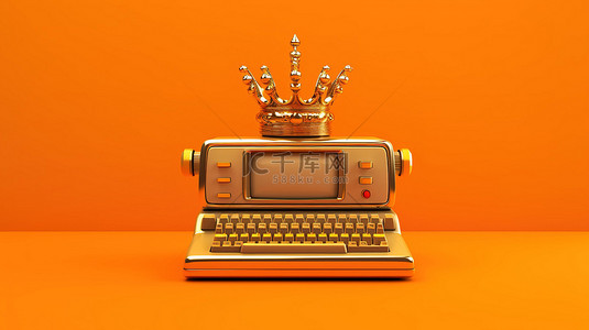 橙色背景上饰有金色王冠的老式电脑的 3D 渲染