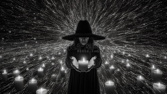 黑暗女巫在 3D 故障 VR 黑白图像中抓着蜡烛