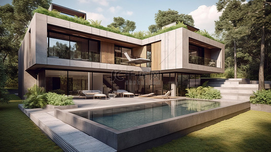 壮观的现代木头和混凝土别墅，拥有郁郁葱葱的花园和豪华的 3D 泳池
