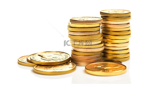积分兑换长图背景图片_3D 渲染一叠金币，白色背景上带有印度卢比货币符号，用于货币兑换