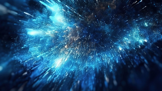 3D 渲染抽象背景，带有由落下和闪烁的光束照亮的深蓝色和浅蓝色粒子