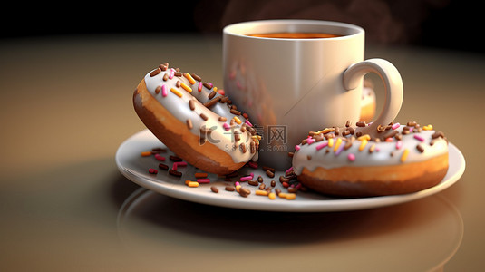 美味的甜甜圈和一杯热咖啡 3D 插图和渲染