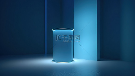 简单灯光背景图片_逼真的蓝色圆柱基座讲台和 3D 渲染房间中的简单灯光