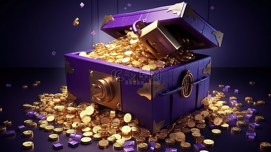 紫色财富背景图片_金色财富包裹着 3D 渲染图，显示一个封闭的紫色保险箱，里面有一堆金币和金锭