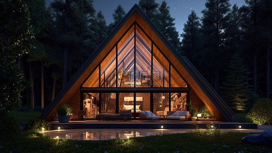 3D 插图中夜间木制森林房屋的外观设计