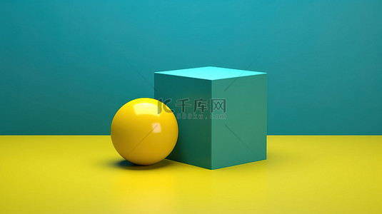绿色背景下蓝色立方体边缘的最小 3D 概念隔离黄色球体