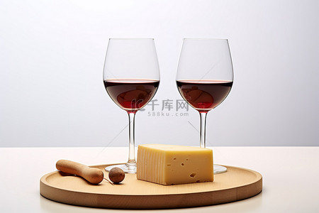 白色背景中的两个白葡萄酒杯和一块奶酪板