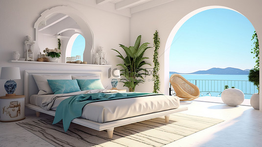 圣岛背景图片_圣托里尼岛风格生活的 3D 渲染，卧室可欣赏海滩和大海的景色