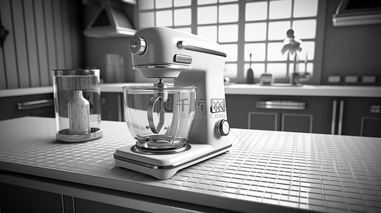单色复古搅拌机风格 3D 渲染中的复古等距厨房用具
