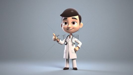 穿着制服和听诊器的卡通医生举起手以 3D 渲染