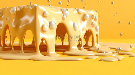 柔软的奶酪酱慢慢倒入金色背景 3D 插图